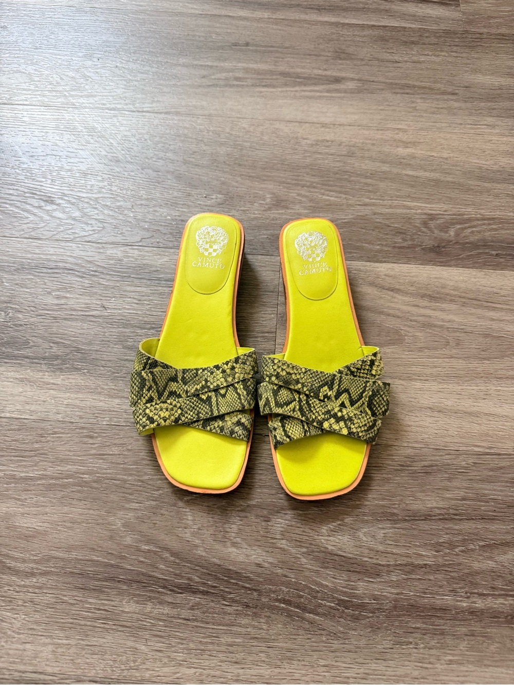 Vince Camuto Yellow Snake-Print Slide Sandals